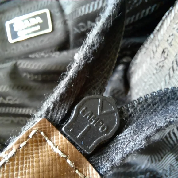 PRADA Vela Saffiano Leather Tessuto Tote Zip Green Enamel Triangle Logo Tan Bag